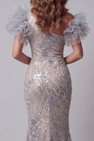 Load image into Gallery viewer, Sparkly Silver Long One Shoulder Mermaid Beaded Evening Dress with 3D Flowers