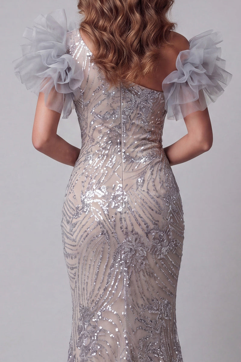 Load image into Gallery viewer, Sparkly Silver Long One Shoulder Mermaid Beaded Evening Dress with 3D Flowers