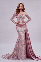 Load image into Gallery viewer, Sparkly Pink Mermaid Long Sleeves Beaded Long Floral Evening Dress with Side Cape
