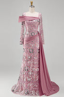Load image into Gallery viewer, Sparkly Pink Mermaid Long Sleeves Beaded Long Floral Evening Dress with Side Cape