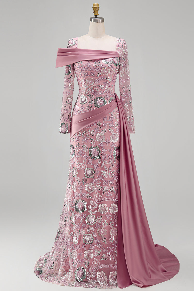 Load image into Gallery viewer, Sparkly Pink Mermaid Long Sleeves Beaded Long Floral Evening Dress with Side Cape