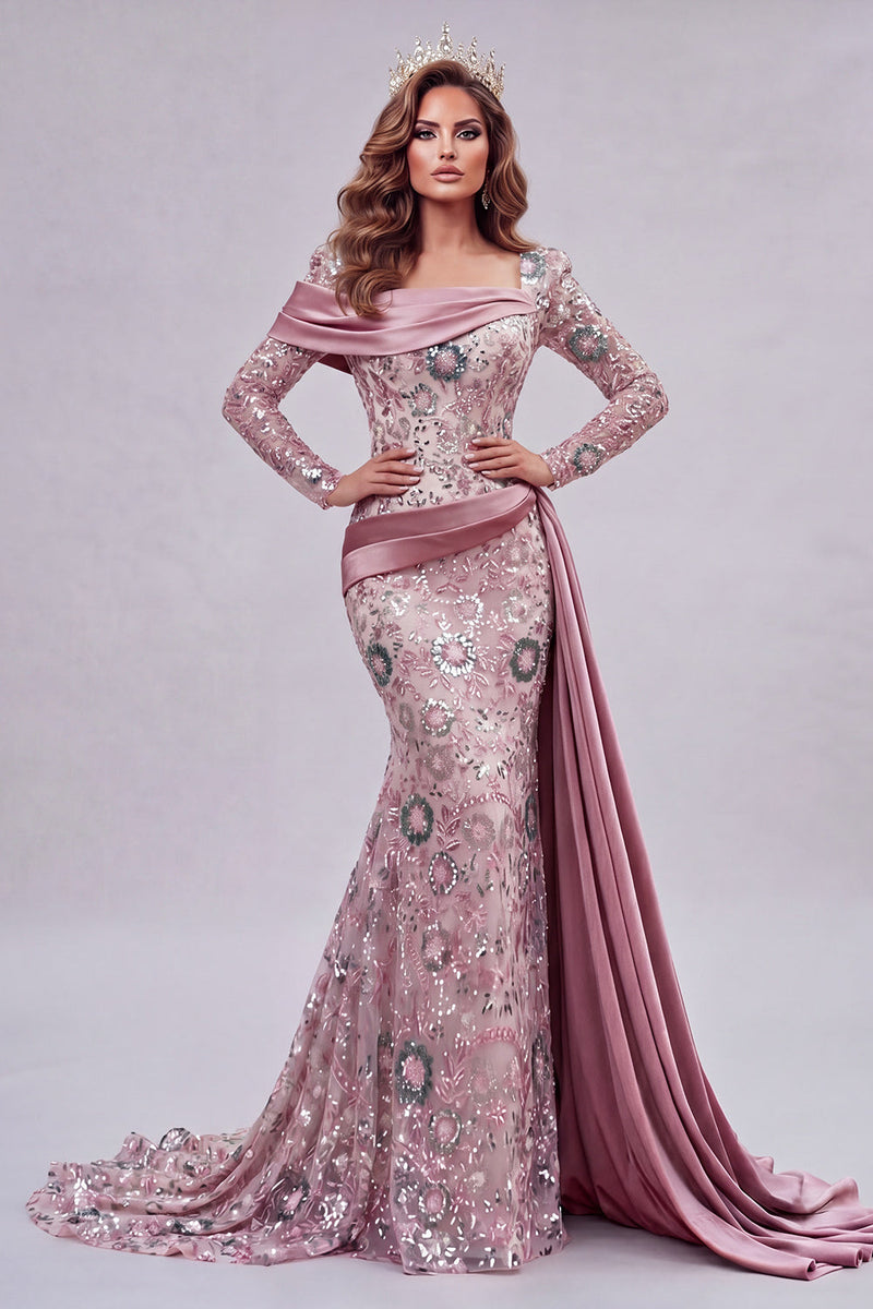 Load image into Gallery viewer, Sparkly Pink Mermaid Long Sleeves Beaded Long Floral Evening Dress with Side Cape