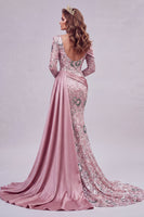 Load image into Gallery viewer, Sparkly Pink Mermaid Long Sleeves Beaded Long Floral Evening Dress with Side Cape