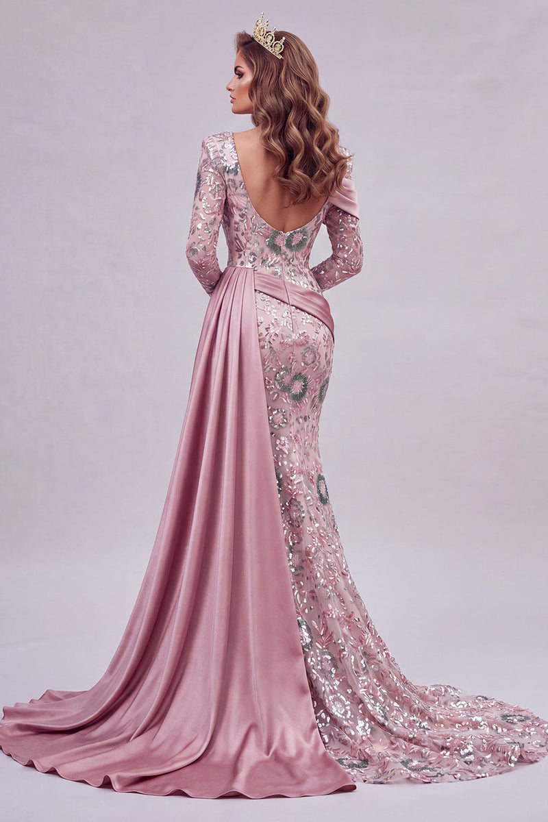 Load image into Gallery viewer, Sparkly Pink Mermaid Long Sleeves Beaded Long Floral Evening Dress with Side Cape