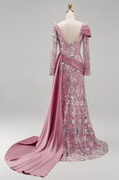 Load image into Gallery viewer, Sparkly Pink Mermaid Long Sleeves Beaded Long Floral Evening Dress with Side Cape