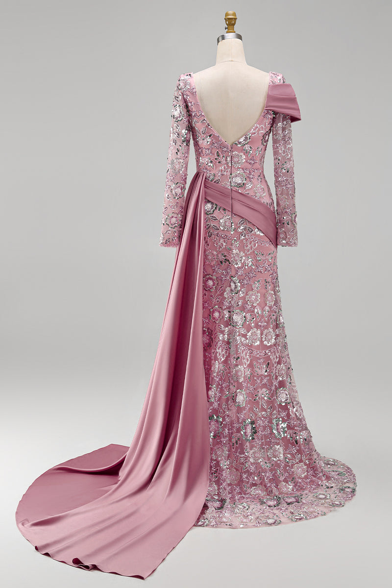 Load image into Gallery viewer, Sparkly Pink Mermaid Long Sleeves Beaded Long Floral Evening Dress with Side Cape