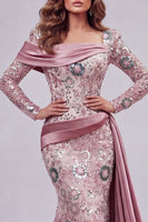 Load image into Gallery viewer, Sparkly Pink Mermaid Long Sleeves Beaded Long Floral Evening Dress with Side Cape
