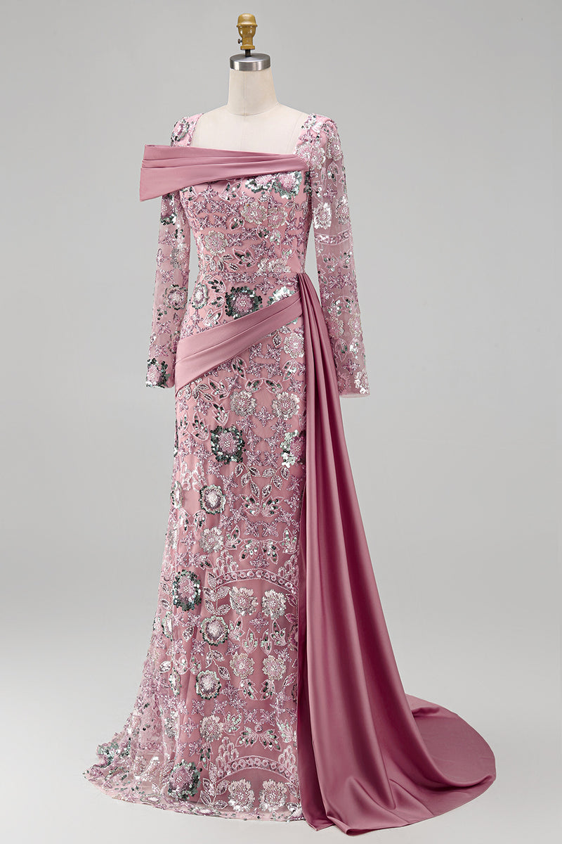 Load image into Gallery viewer, Sparkly Pink Mermaid Long Sleeves Beaded Long Floral Evening Dress with Side Cape