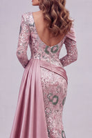 Load image into Gallery viewer, Sparkly Pink Mermaid Long Sleeves Beaded Long Floral Evening Dress with Side Cape