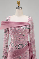 Load image into Gallery viewer, Sparkly Pink Mermaid Long Sleeves Beaded Long Floral Evening Dress with Side Cape