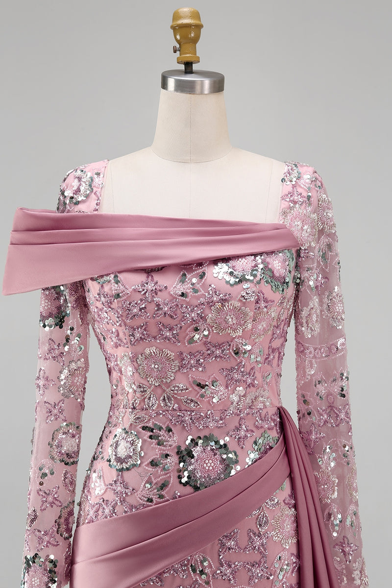 Load image into Gallery viewer, Sparkly Pink Mermaid Long Sleeves Beaded Long Floral Evening Dress with Side Cape