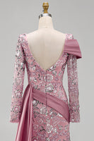 Load image into Gallery viewer, Sparkly Pink Mermaid Long Sleeves Beaded Long Floral Evening Dress with Side Cape
