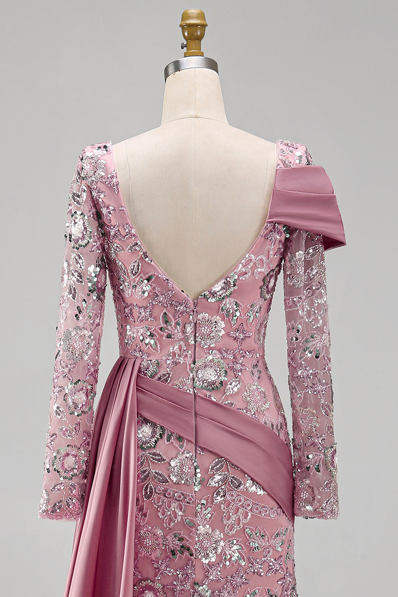 Load image into Gallery viewer, Sparkly Pink Mermaid Long Sleeves Beaded Long Floral Evening Dress with Side Cape