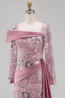 Load image into Gallery viewer, Sparkly Pink Mermaid Long Sleeves Beaded Long Floral Evening Dress with Side Cape