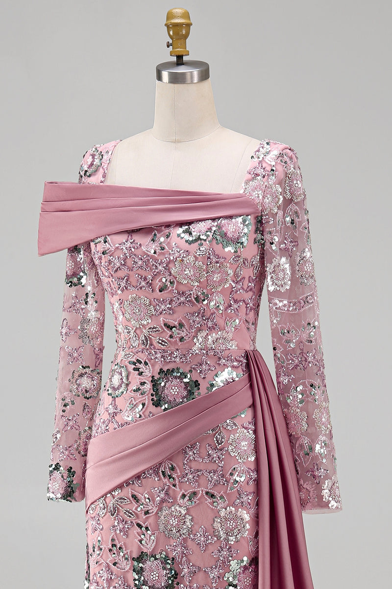 Load image into Gallery viewer, Sparkly Pink Mermaid Long Sleeves Beaded Long Floral Evening Dress with Side Cape