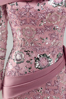 Load image into Gallery viewer, Sparkly Pink Mermaid Long Sleeves Beaded Long Floral Evening Dress with Side Cape