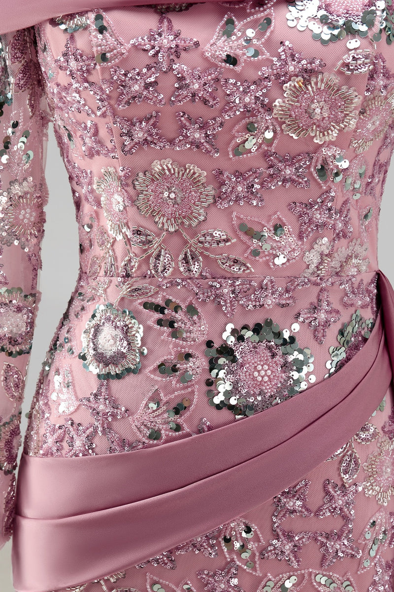 Load image into Gallery viewer, Sparkly Pink Mermaid Long Sleeves Beaded Long Floral Evening Dress with Side Cape