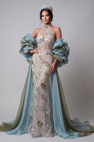 Load image into Gallery viewer, Sparkly Champagne Ruffled Beaded Mermaid Floral Long Evening Dress with Cape