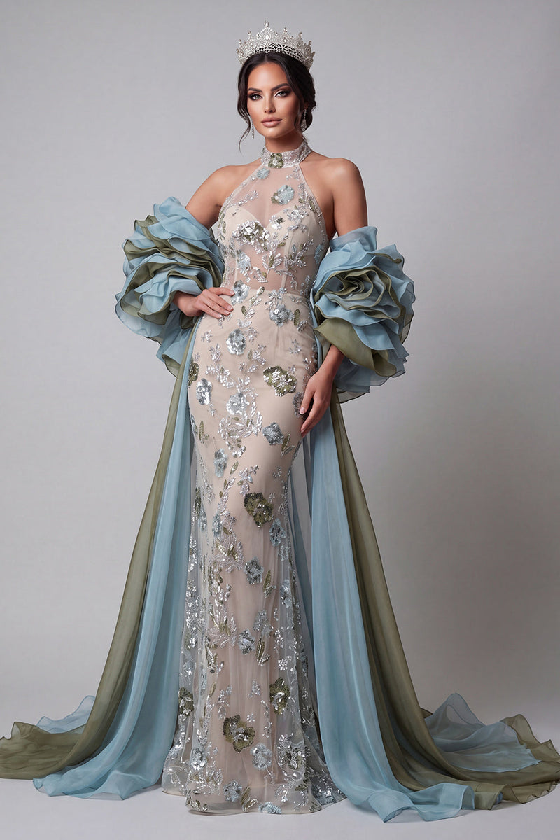 Load image into Gallery viewer, Sparkly Champagne Ruffled Beaded Mermaid Floral Long Evening Dress with Cape