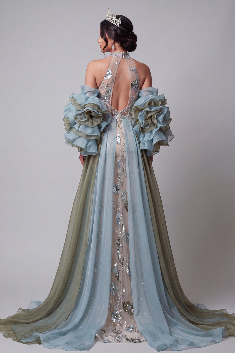 Load image into Gallery viewer, Sparkly Champagne Ruffled Beaded Mermaid Floral Long Evening Dress with Cape