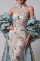 Load image into Gallery viewer, Sparkly Champagne Ruffled Beaded Mermaid Floral Long Evening Dress with Cape