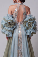 Load image into Gallery viewer, Sparkly Champagne Ruffled Beaded Mermaid Floral Long Evening Dress with Cape