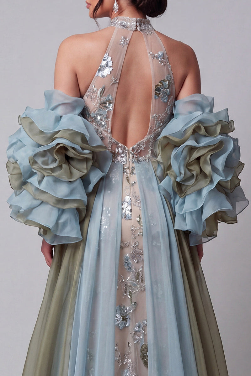 Load image into Gallery viewer, Sparkly Champagne Ruffled Beaded Mermaid Floral Long Evening Dress with Cape