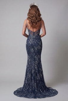 Sparkly Navy Mermaid Beaded Long Cold Shoulder Evening Dress