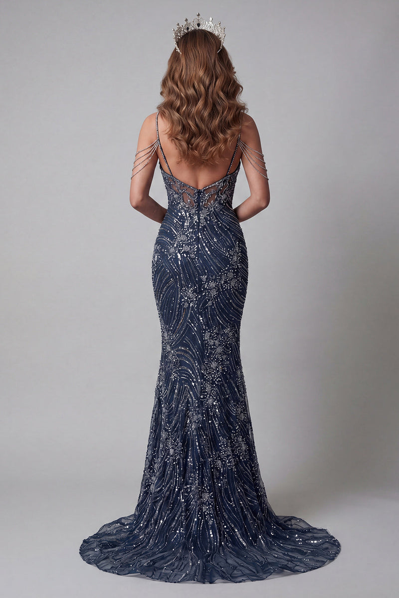 Load image into Gallery viewer, Sparkly Navy Mermaid Beaded Long Cold Shoulder Evening Dress