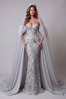 Load image into Gallery viewer, Sparkly Silver Mermaid Floral Long Beaded Spaghetti Straps Evening Dress with Cape