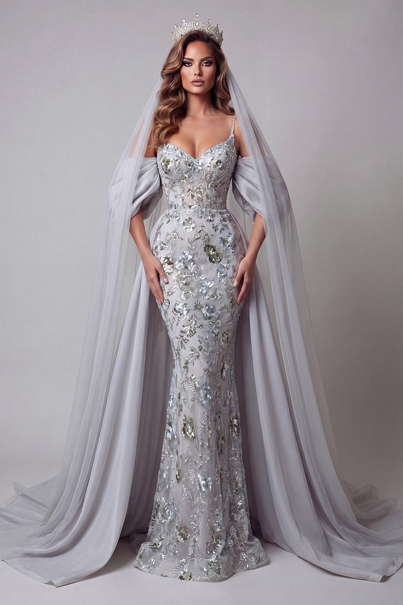 Load image into Gallery viewer, Sparkly Silver Mermaid Floral Long Beaded Spaghetti Straps Evening Dress with Cape