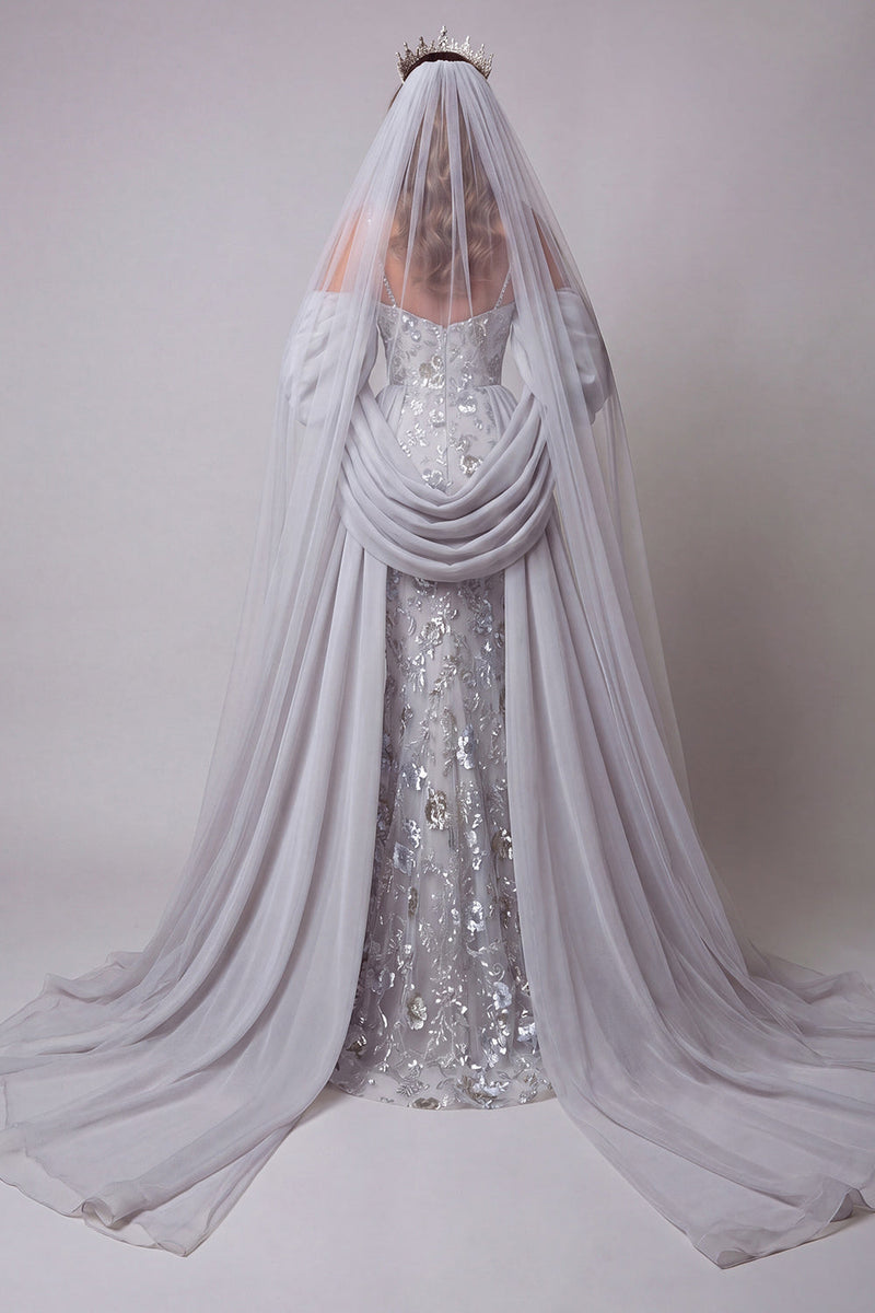 Load image into Gallery viewer, Sparkly Silver Mermaid Floral Long Beaded Spaghetti Straps Evening Dress with Cape