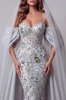 Load image into Gallery viewer, Sparkly Silver Mermaid Floral Long Beaded Spaghetti Straps Evening Dress with Cape