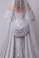 Load image into Gallery viewer, Sparkly Silver Mermaid Floral Long Beaded Spaghetti Straps Evening Dress with Cape