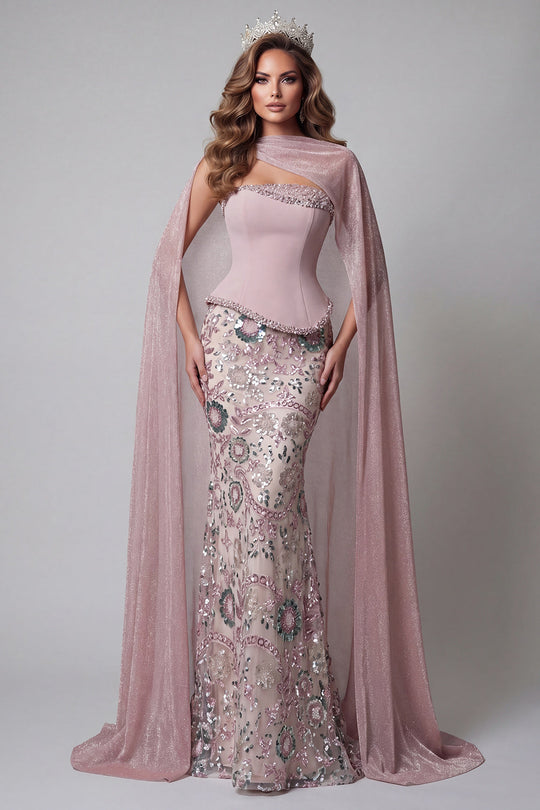 Sparkly Pink Mermaid Strapless Floral Basque Waist Long Beaded Evening Dress with Cape