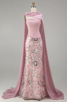 Load image into Gallery viewer, Sparkly Pink Mermaid Strapless Floral Basque Waist Long Beaded Evening Dress with Cape