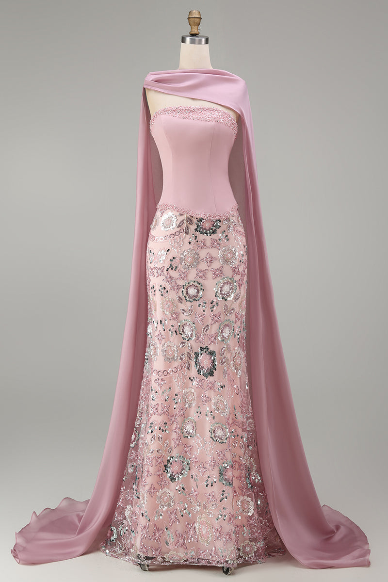 Load image into Gallery viewer, Sparkly Pink Mermaid Strapless Floral Basque Waist Long Beaded Evening Dress with Cape