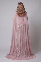 Load image into Gallery viewer, Sparkly Pink Mermaid Strapless Floral Basque Waist Long Beaded Evening Dress with Cape
