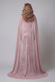 Sparkly Pink Mermaid Strapless Floral Basque Waist Long Beaded Evening Dress with Cape