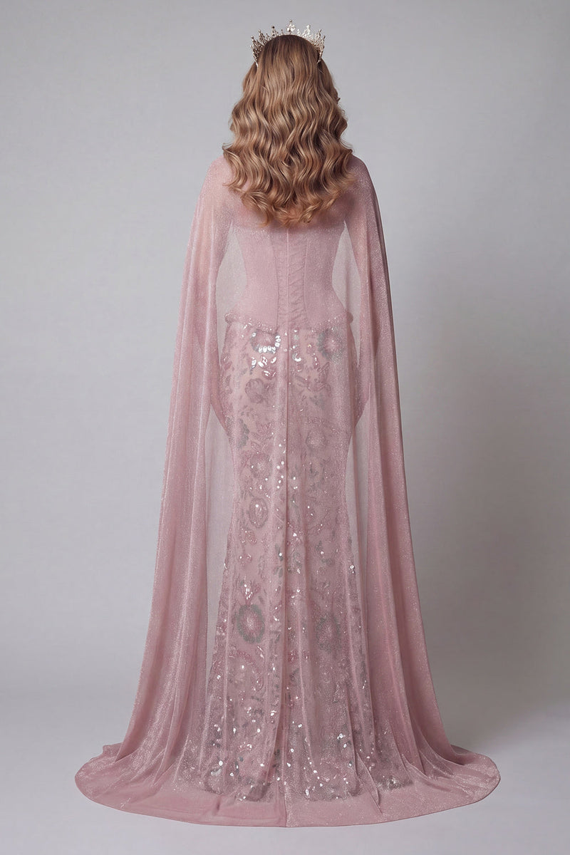 Load image into Gallery viewer, Sparkly Pink Mermaid Strapless Floral Basque Waist Long Beaded Evening Dress with Cape