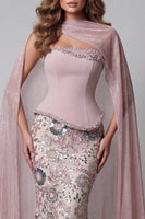 Load image into Gallery viewer, Sparkly Pink Mermaid Strapless Floral Basque Waist Long Beaded Evening Dress with Cape