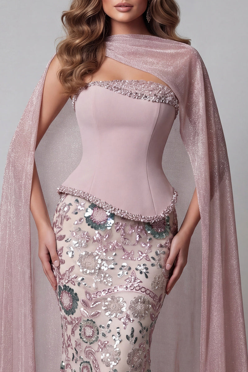 Load image into Gallery viewer, Sparkly Pink Mermaid Strapless Floral Basque Waist Long Beaded Evening Dress with Cape