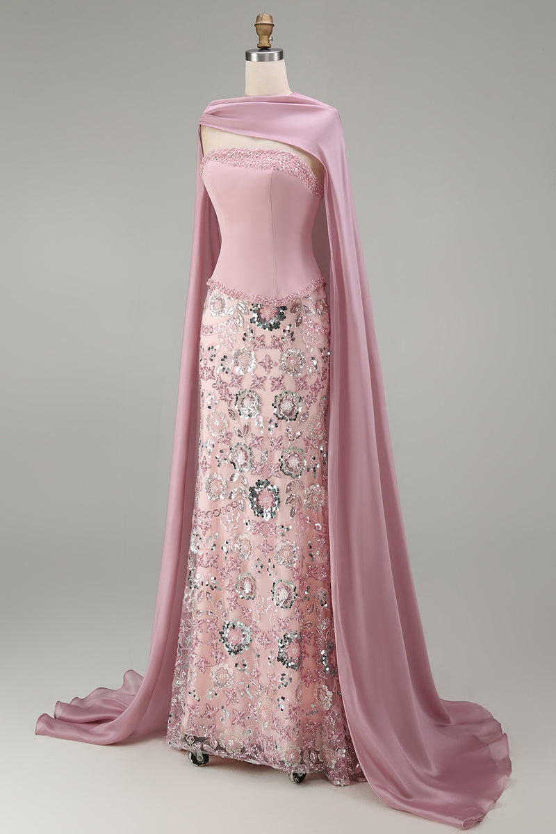Load image into Gallery viewer, Sparkly Pink Mermaid Strapless Floral Basque Waist Long Beaded Evening Dress with Cape