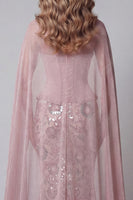 Load image into Gallery viewer, Sparkly Pink Mermaid Strapless Floral Basque Waist Long Beaded Evening Dress with Cape