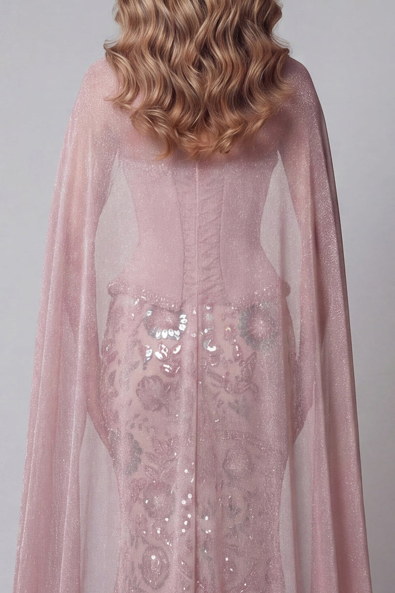 Load image into Gallery viewer, Sparkly Pink Mermaid Strapless Floral Basque Waist Long Beaded Evening Dress with Cape