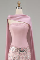 Load image into Gallery viewer, Sparkly Pink Mermaid Strapless Floral Basque Waist Long Beaded Evening Dress with Cape