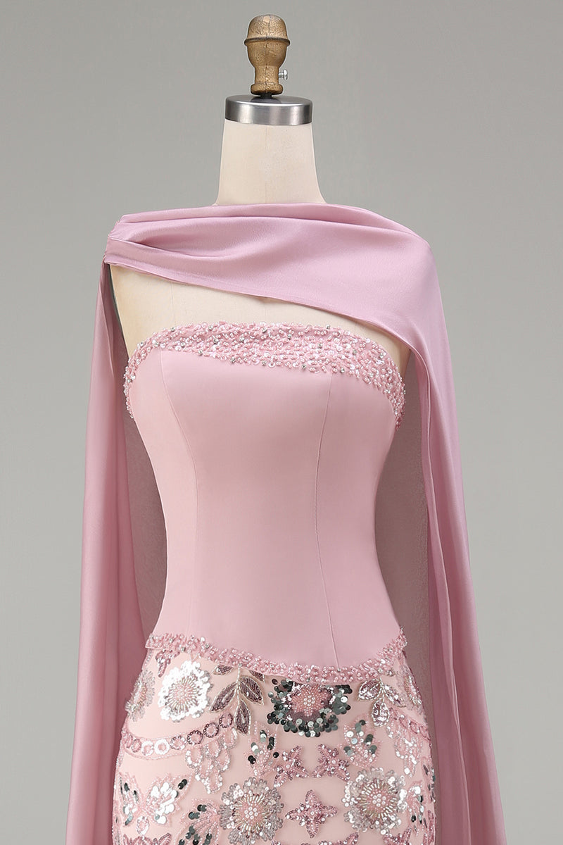 Load image into Gallery viewer, Sparkly Pink Mermaid Strapless Floral Basque Waist Long Beaded Evening Dress with Cape