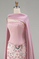 Load image into Gallery viewer, Sparkly Pink Mermaid Strapless Floral Basque Waist Long Beaded Evening Dress with Cape