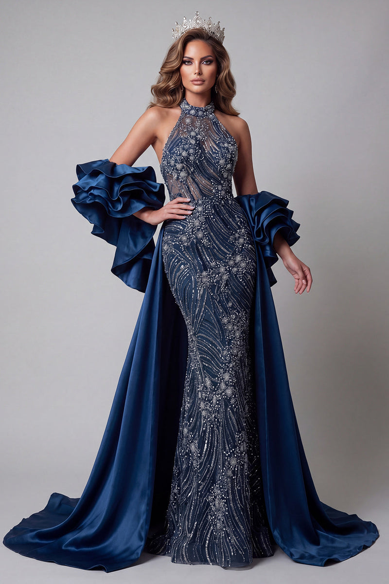 Load image into Gallery viewer, Sparkly Navy Mermaid Beaded Long Ruffled Evening Dress with Cape