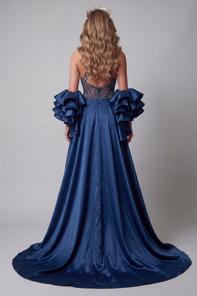 Load image into Gallery viewer, Sparkly Navy Mermaid Beaded Long Ruffled Evening Dress with Cape